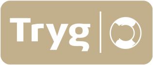 Brun logo på beige bakgrunn med hvit «Tryg»-tekst og et rundt ikon atskilt med en vertikal linje