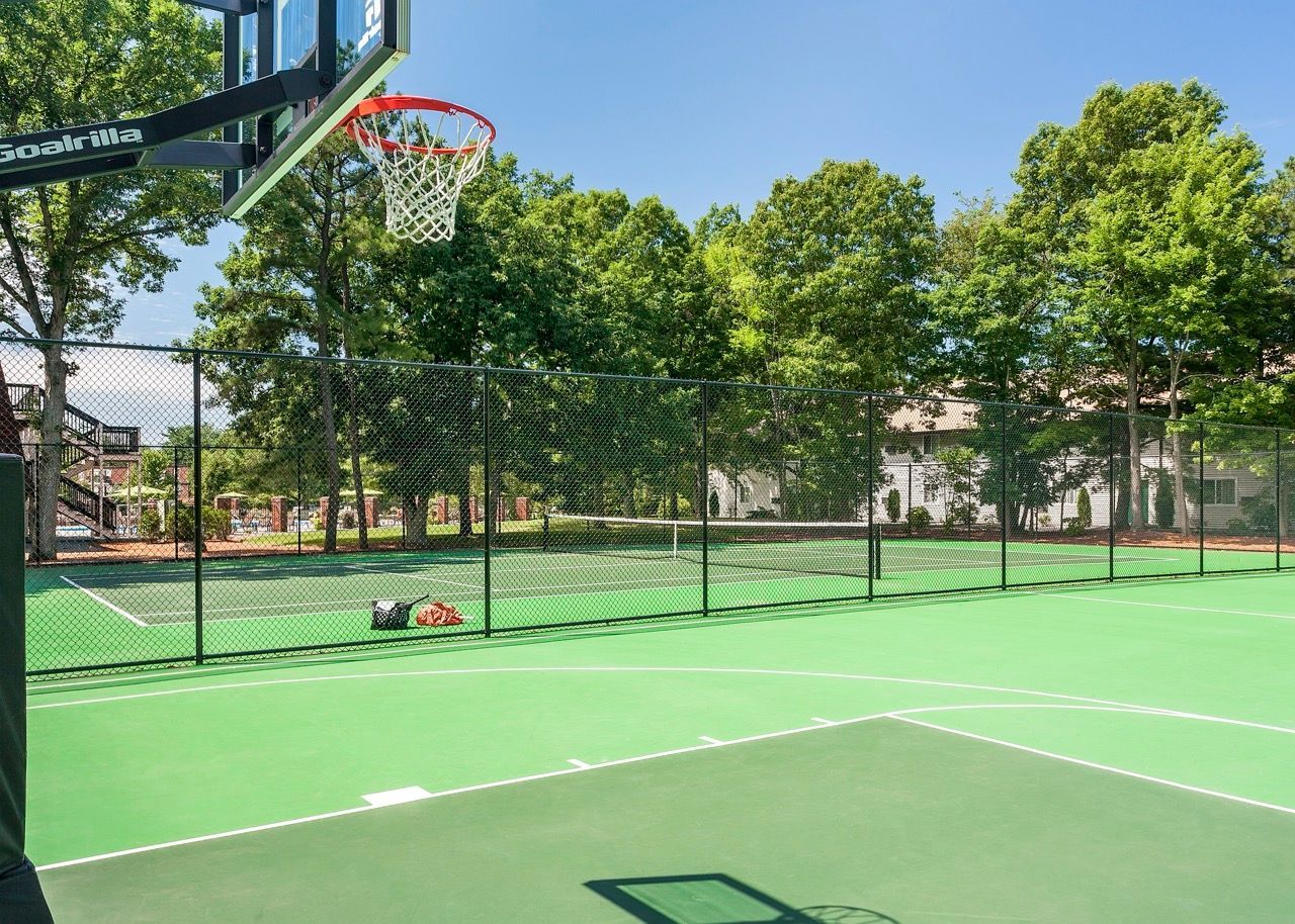 Outdoor basketball court with a hoop, green surface, and surrounding trees.