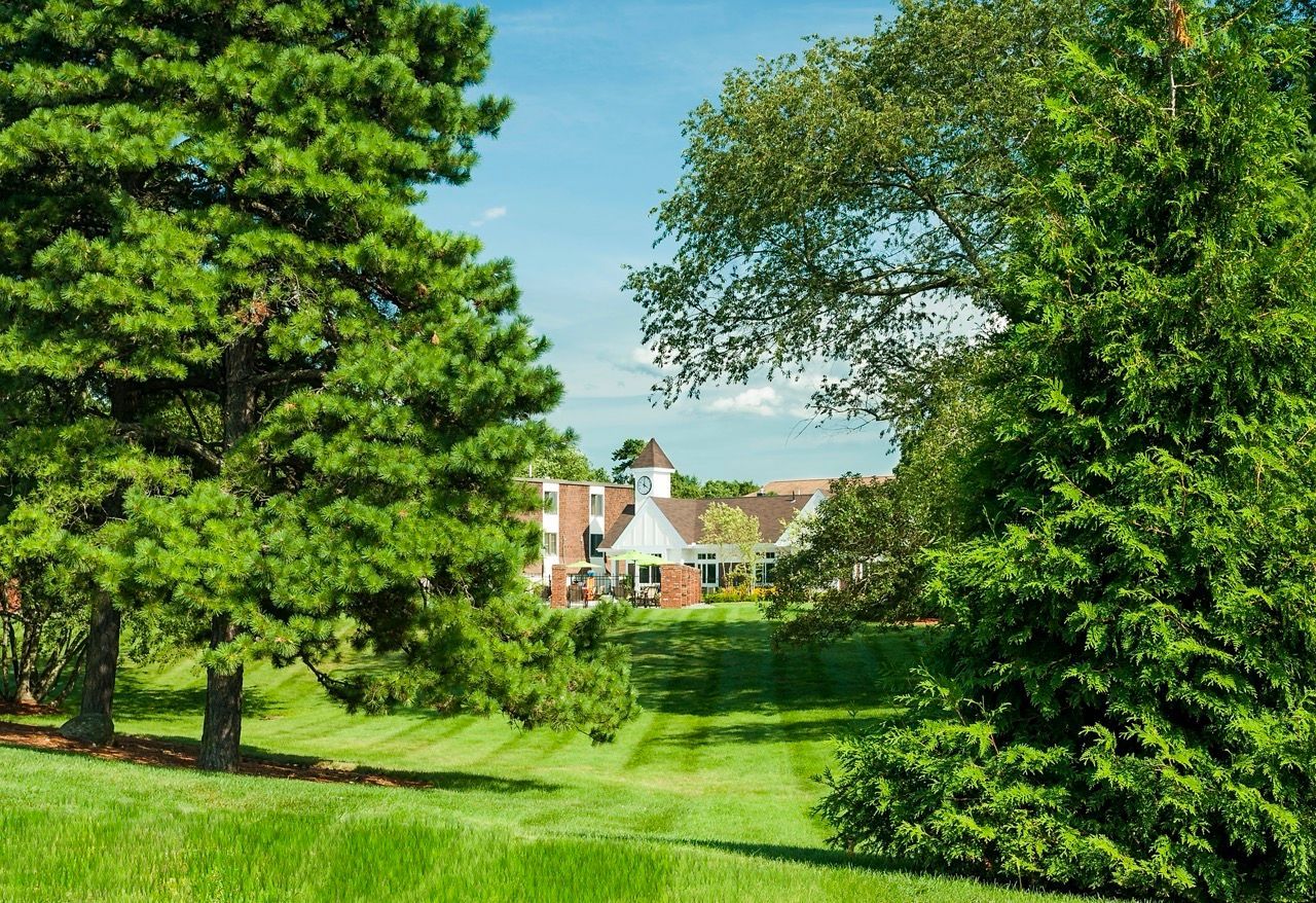Exterior view of the clubhouse framed by trees on a sunny day