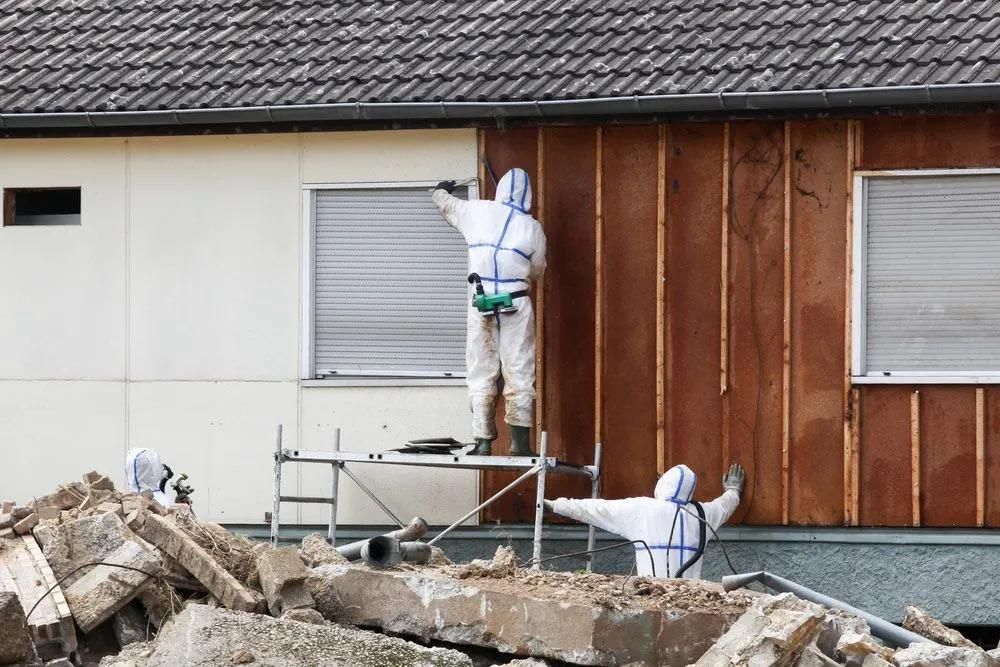 Two Men in Protective Suits Are Working on The Roof of A House — Central Coast Complete Demolition & Tree Service in Buff Point, NSW