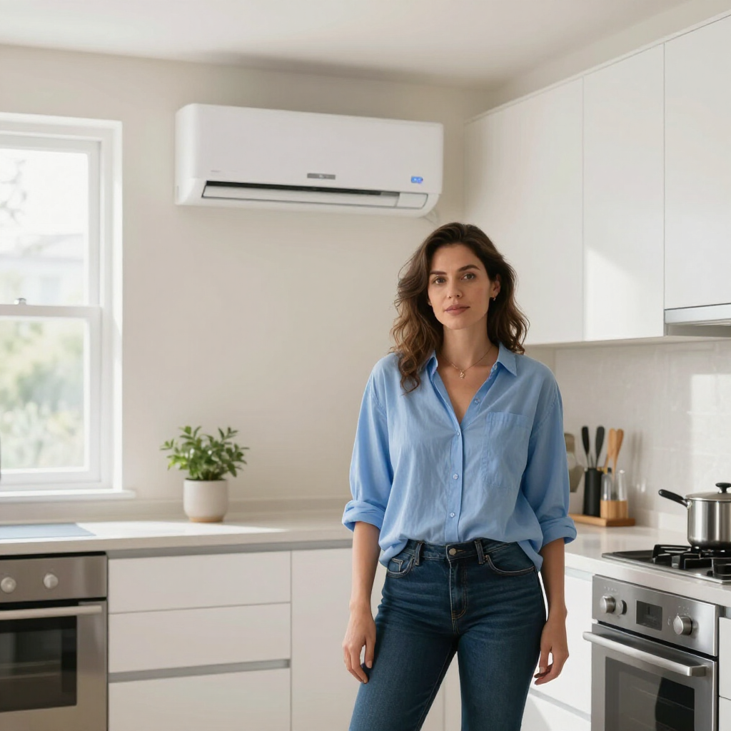 Woman standing in a white kitchen under a mounted air conditioner.