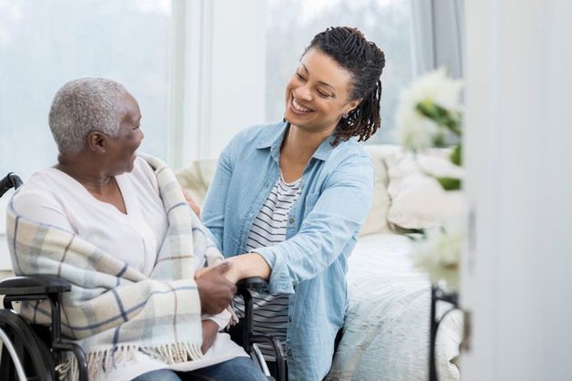 Happy Woman Helps Elderly Mother — Austintown, OH — Moonlight Home Health Care Happy Woman Helps Elderly Mother — Austintown, OH — Moonlight Home Health Care
