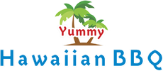 Yummy Hawaiian BBQ logo with palm trees and blue text