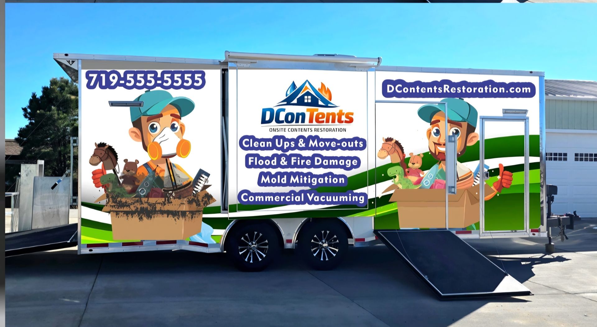 Don Tents trailer with cartoon branding, phone number, and blue-white signage at an outdoor lot