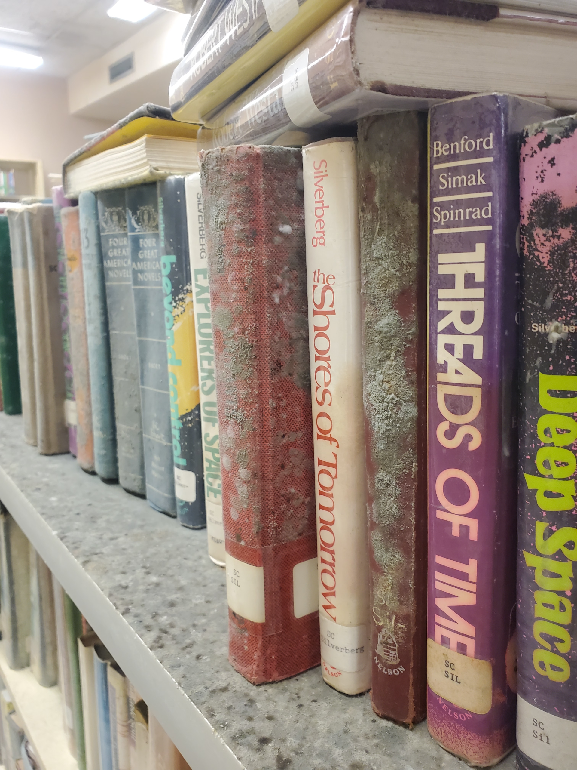 Books lined up on a library shelf, with visible spines in muted colors and titles like “Threads of Time” and “Deep Space.”