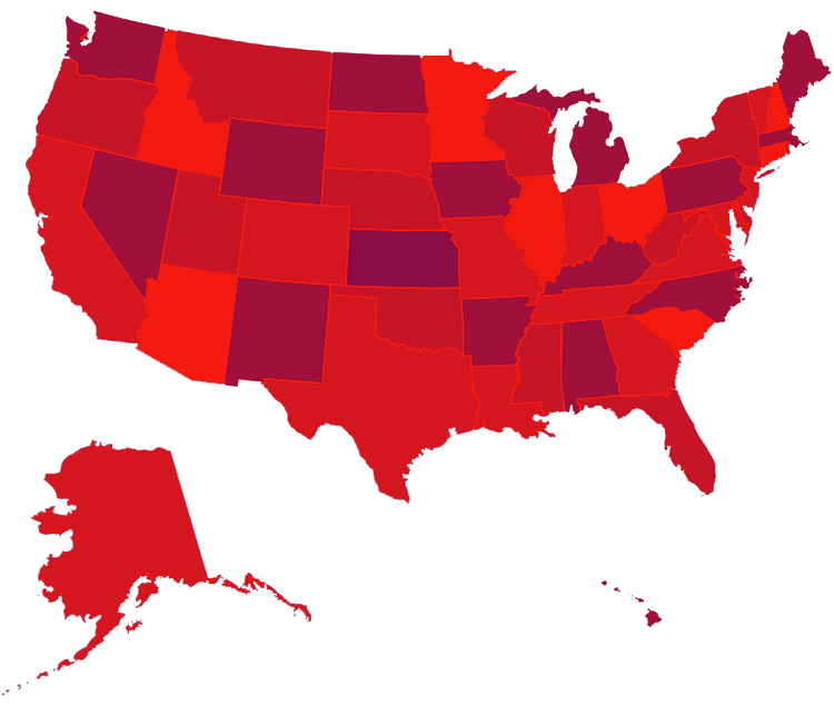 Red-toned choropleth map of the United States, including Alaska and Hawaii, with states shaded in varying reds.