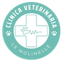 Logo della Clinica Veterinaria Le Molinelle: cerchio verde acqua con croce e impronte di zampe, e testo.