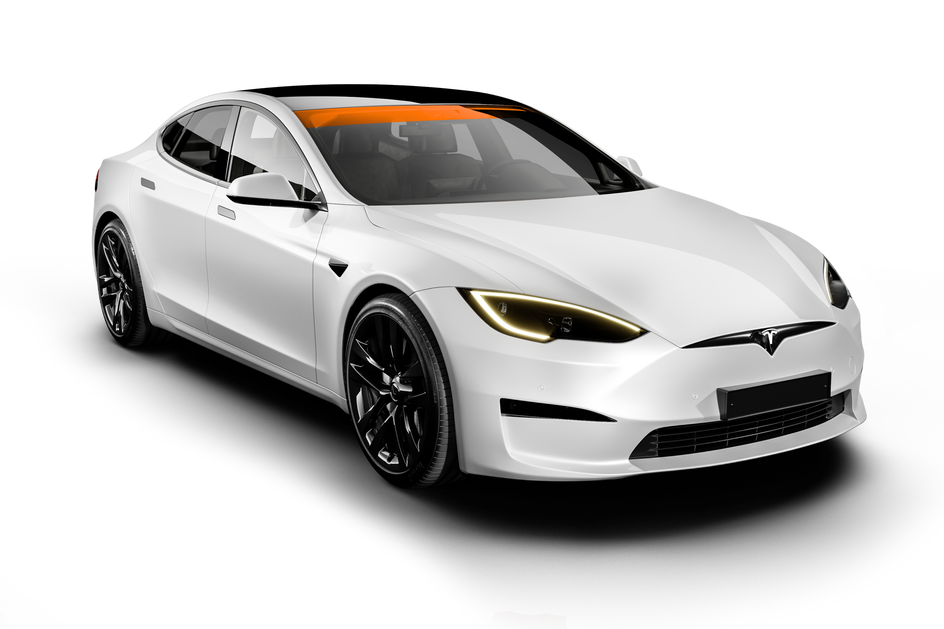 White Tesla Model S on a white background, front three-quarter view with black wheels and amber roof accent