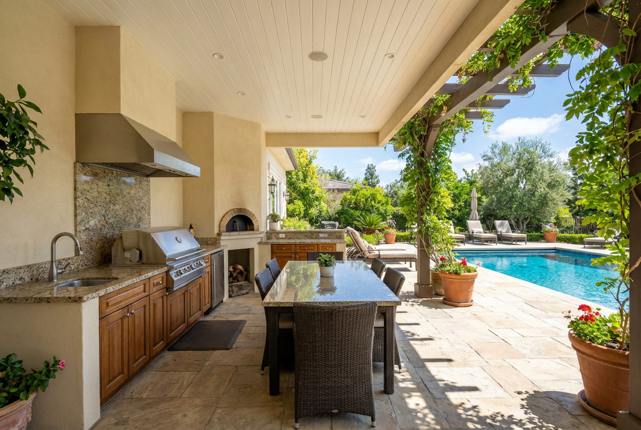 Two-story house with a screened porch and a pool in the backyard. Blue sky.
