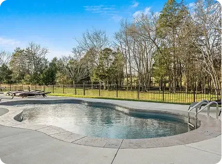 Outdoor empty swimming pool with metal ladder, concrete deck, and trees beyond a fence