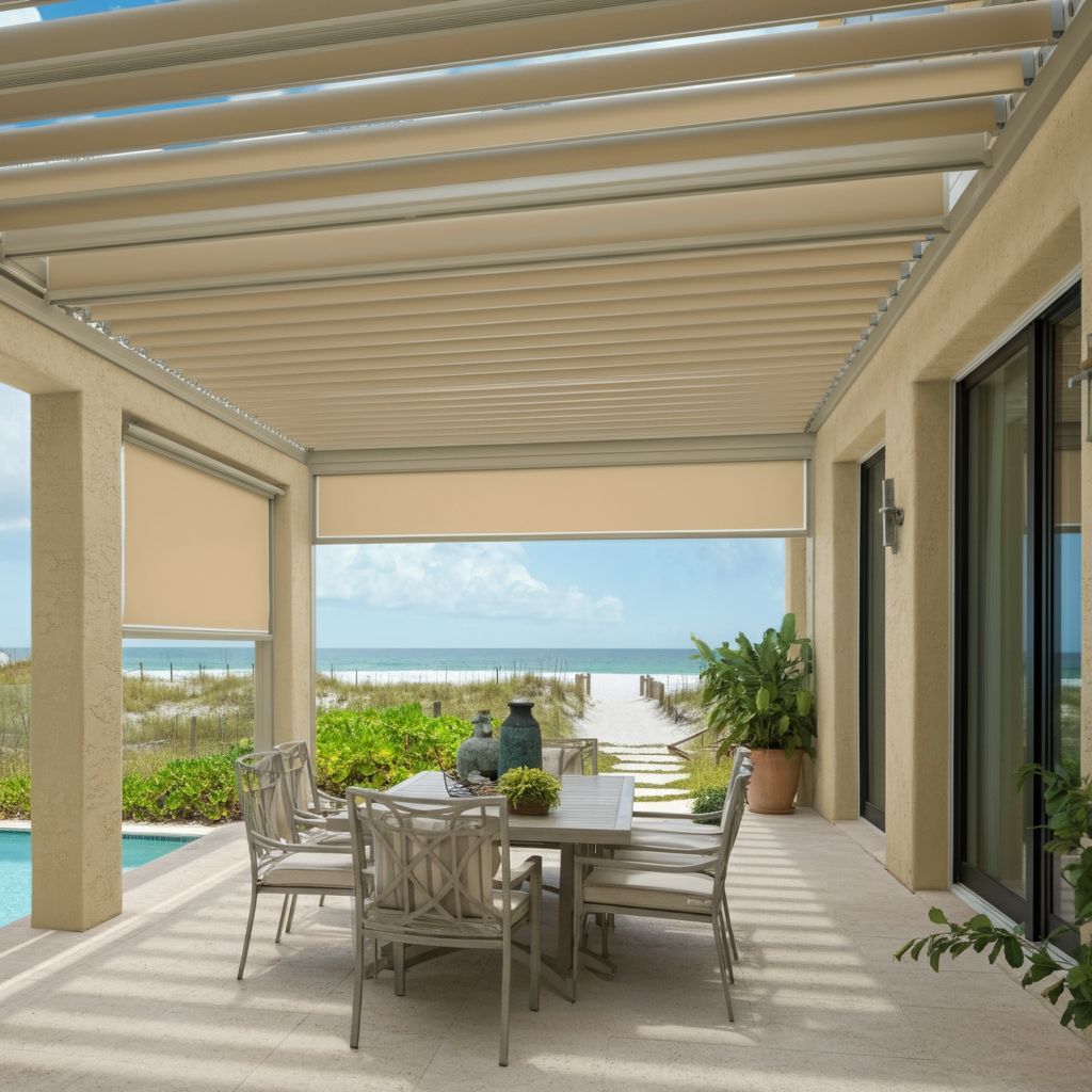 Modern operable pergola on a beachfront property in South Florida, overlooking the ocean