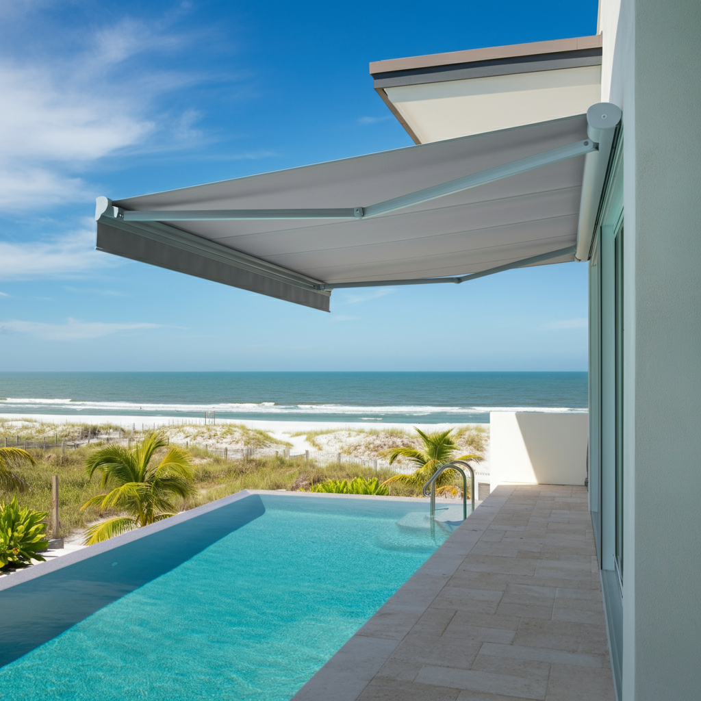 Modern retractable awning on a beachfront property in South Florida, overlooking the ocean.