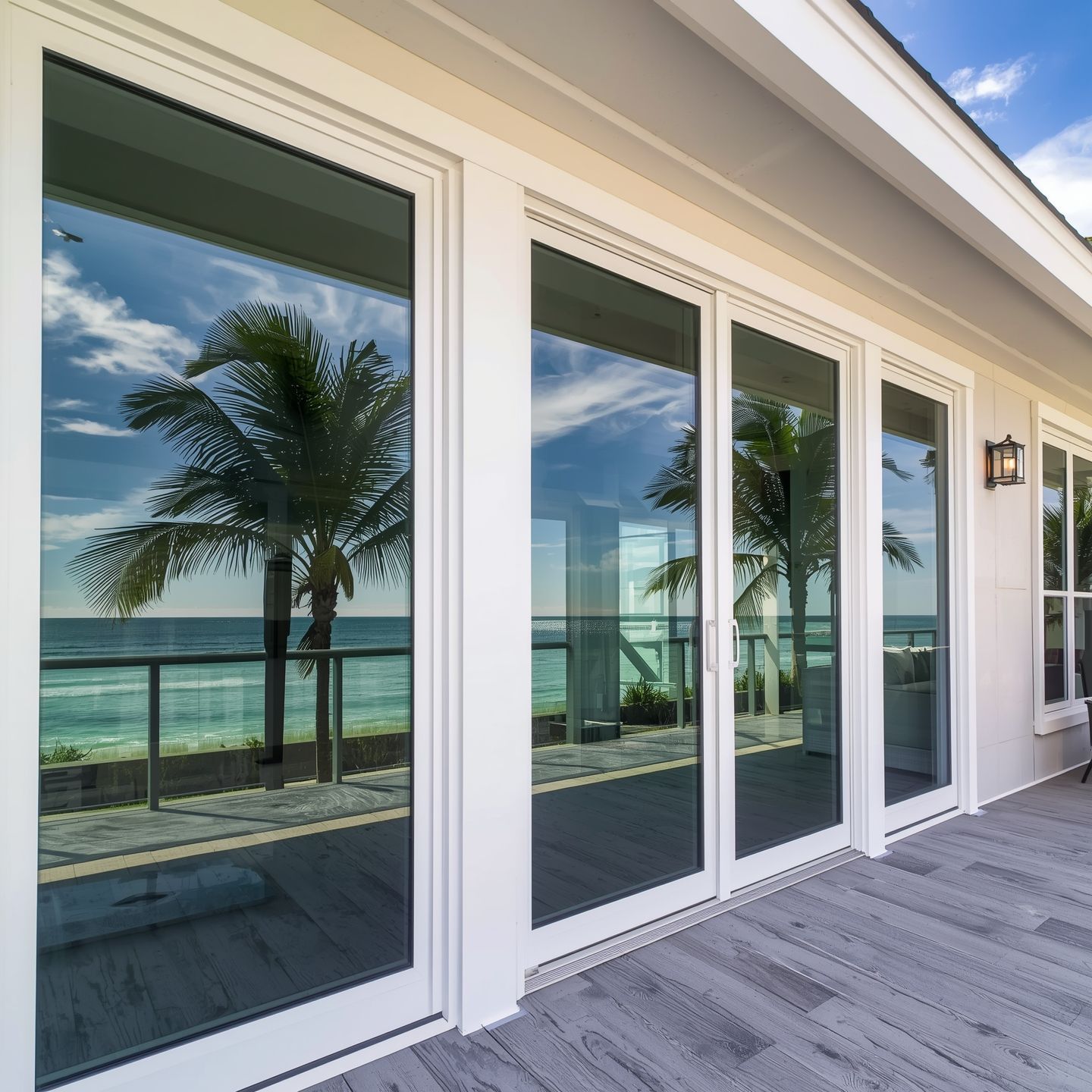 Modern coastal Florida home with large double-hung impact windows overlooking the ocean, showcasing