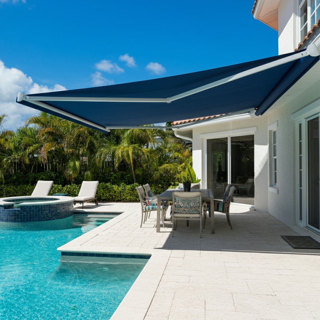 Modern retractable awning shading a poolside patio in Broward County, South Florida.