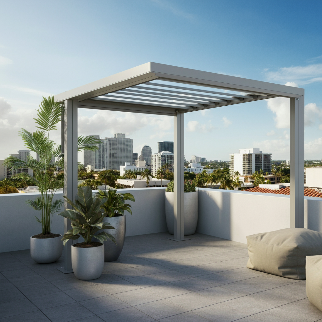 Modern operable pergola on a rooftop terrace in South Florida, offering city skyline views