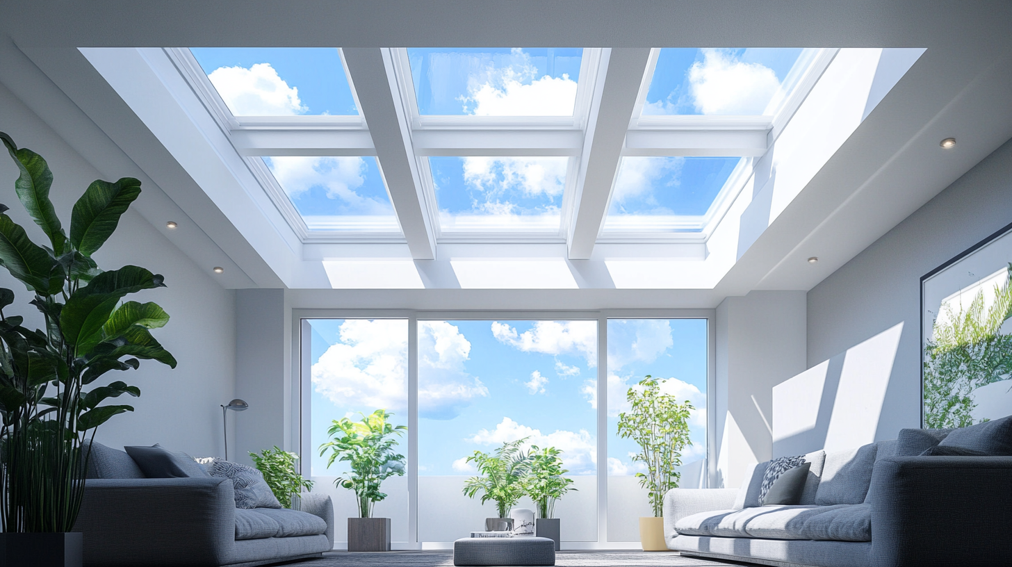 A living room with a lot of windows and a skylight.