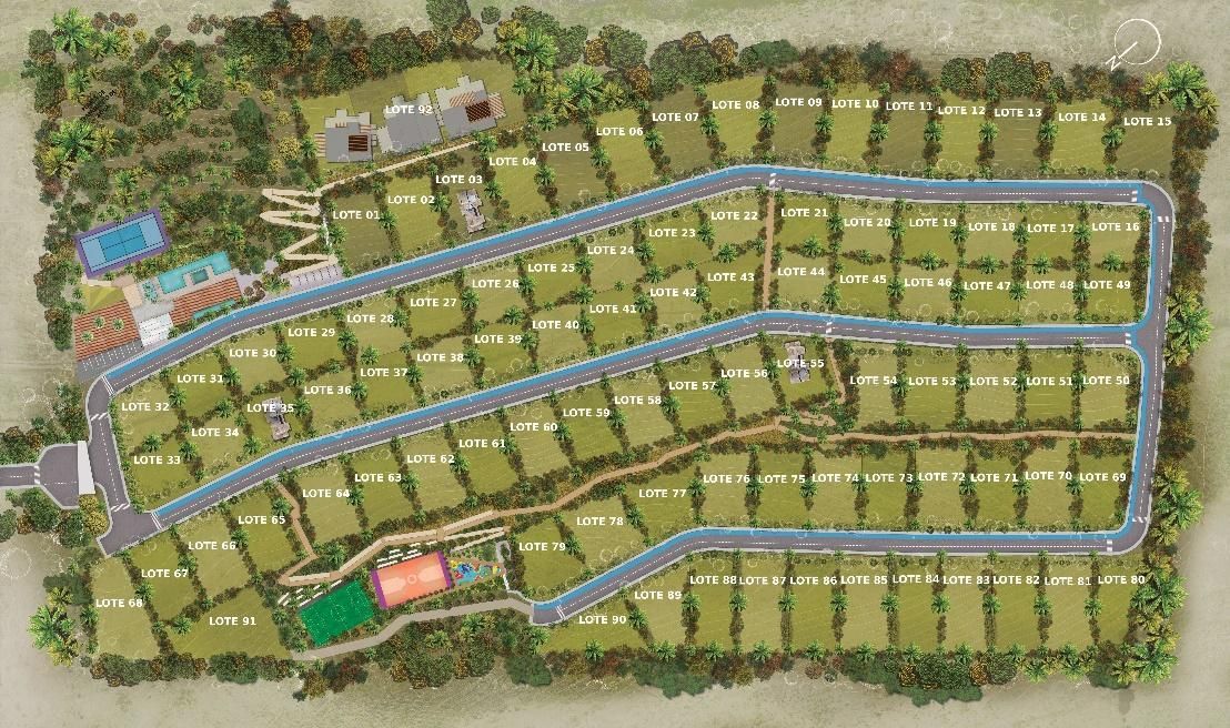 Vista aérea de un barrio residencial planificado con hileras de casas, carreteras y espacios verdes.
