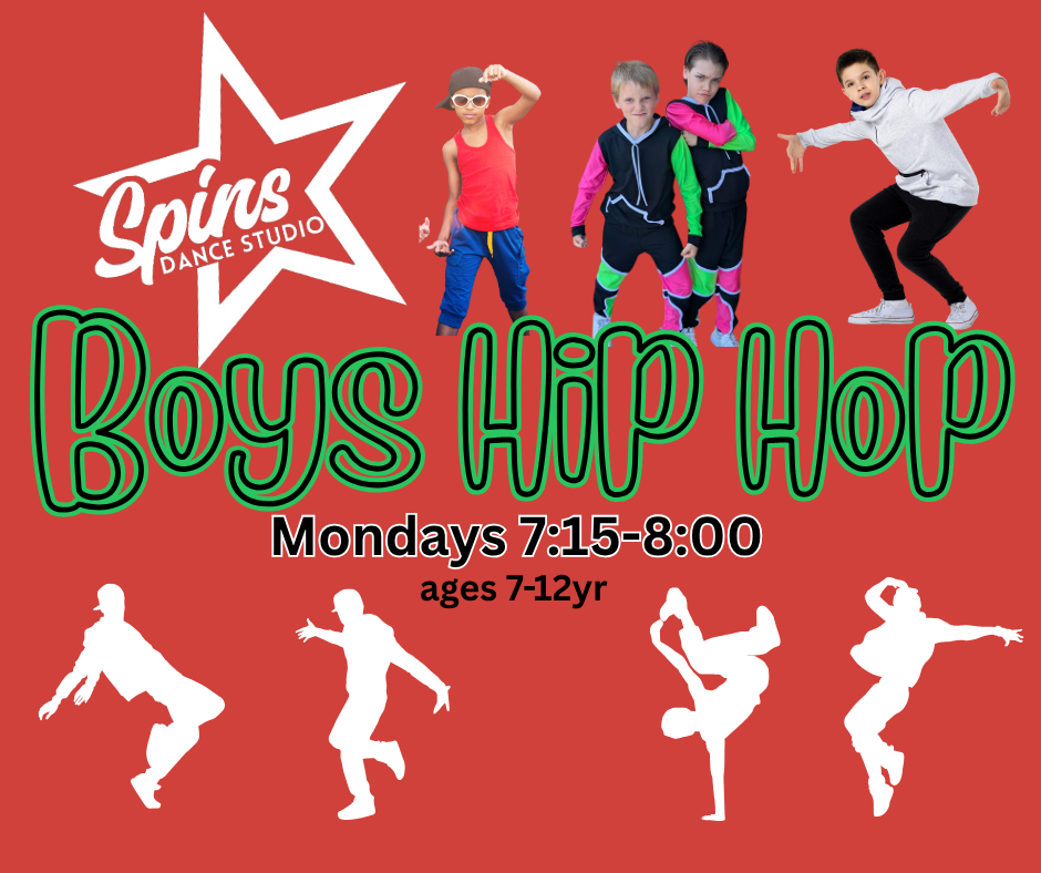 Boys hip hop class flyer, Mondays 7:15–8:00, ages 7–12