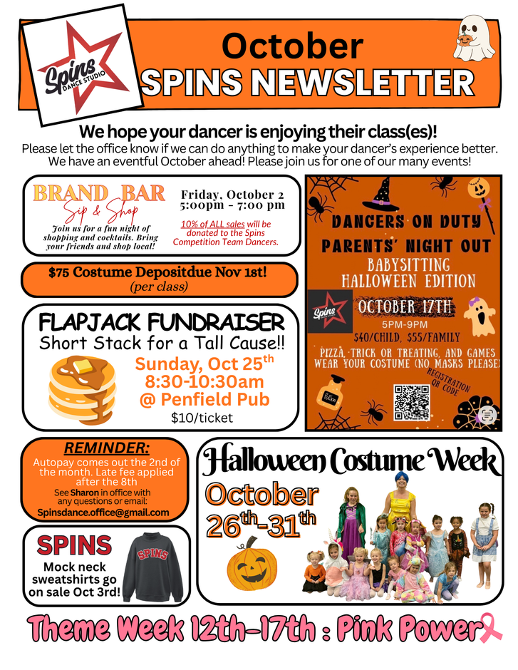 October Spins Newsletter poster with Halloween events, orange and black theme, and costume week dates