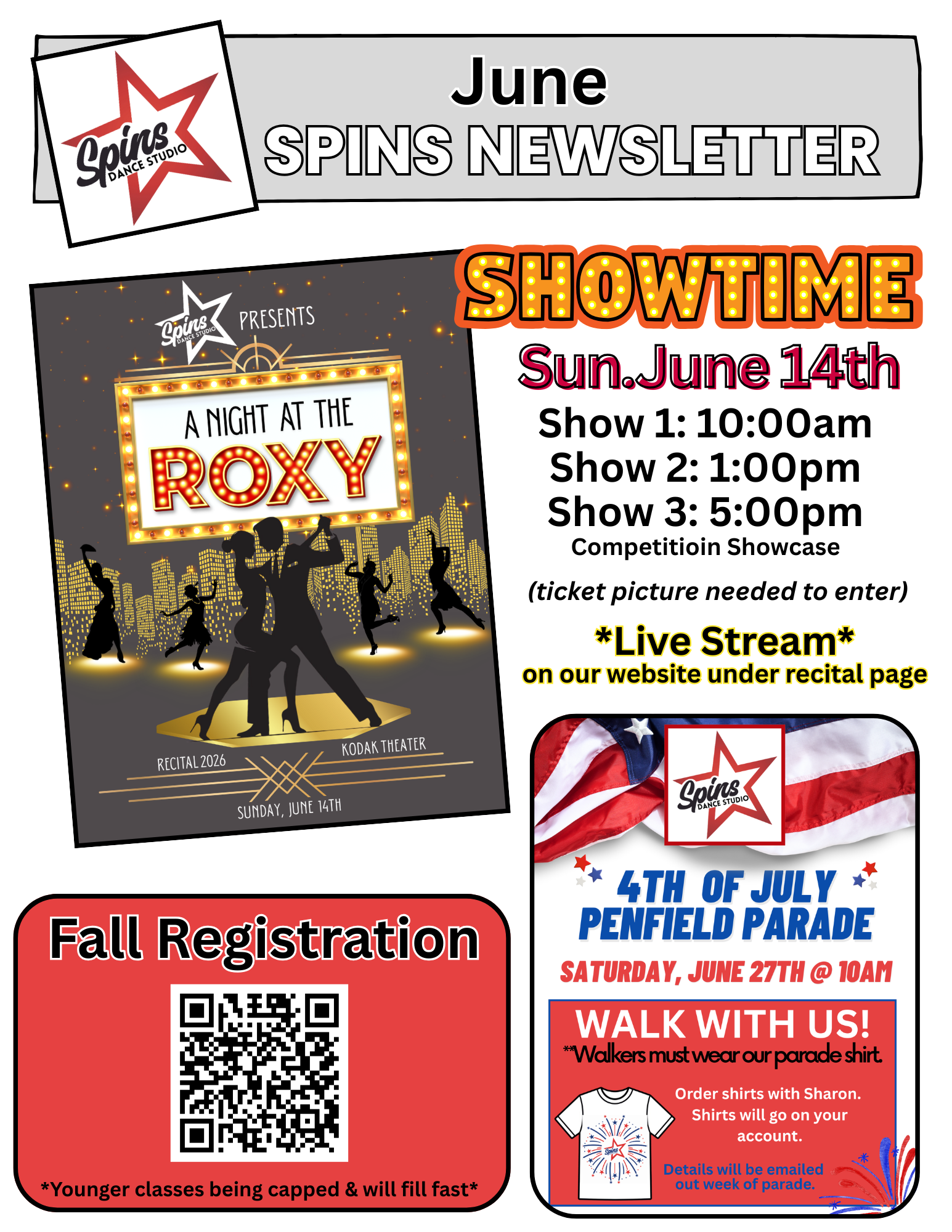 Purple May newsletter flyer with deadlines, studio closures, VIP fall registration, observation week, and camp team auditions dates