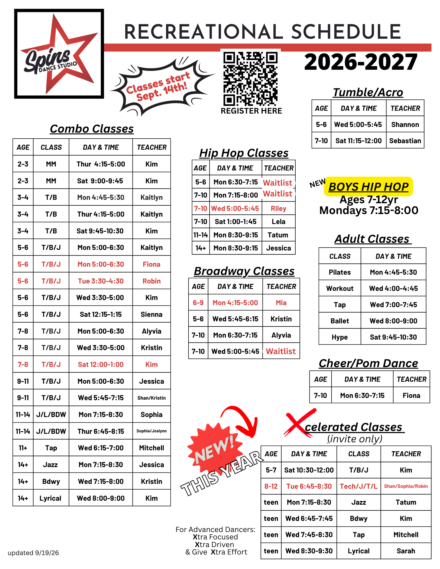 Recreational schedule poster for 2026–2027 with class listings, dates, prices, and location details. Recreational schedule poster for 2026–2027 with class listings, dates, prices, and location details.