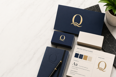 Navy-and-gold branding stationery set on a white marble surface, including boxes, cards, and a pen.