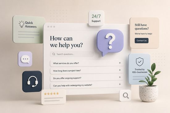 Customer support webpage mockup with “How can we help you?” and chat/help icons, in soft pastel colors