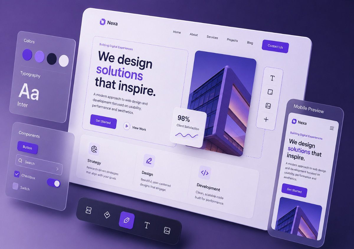 Modern purple web design mockup with dashboard, mobile screens, and a “We design solutions that inspire” headline
