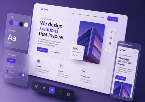 Modern purple web design mockup with dashboard, mobile screens, and a “We design solutions that inspire” headline