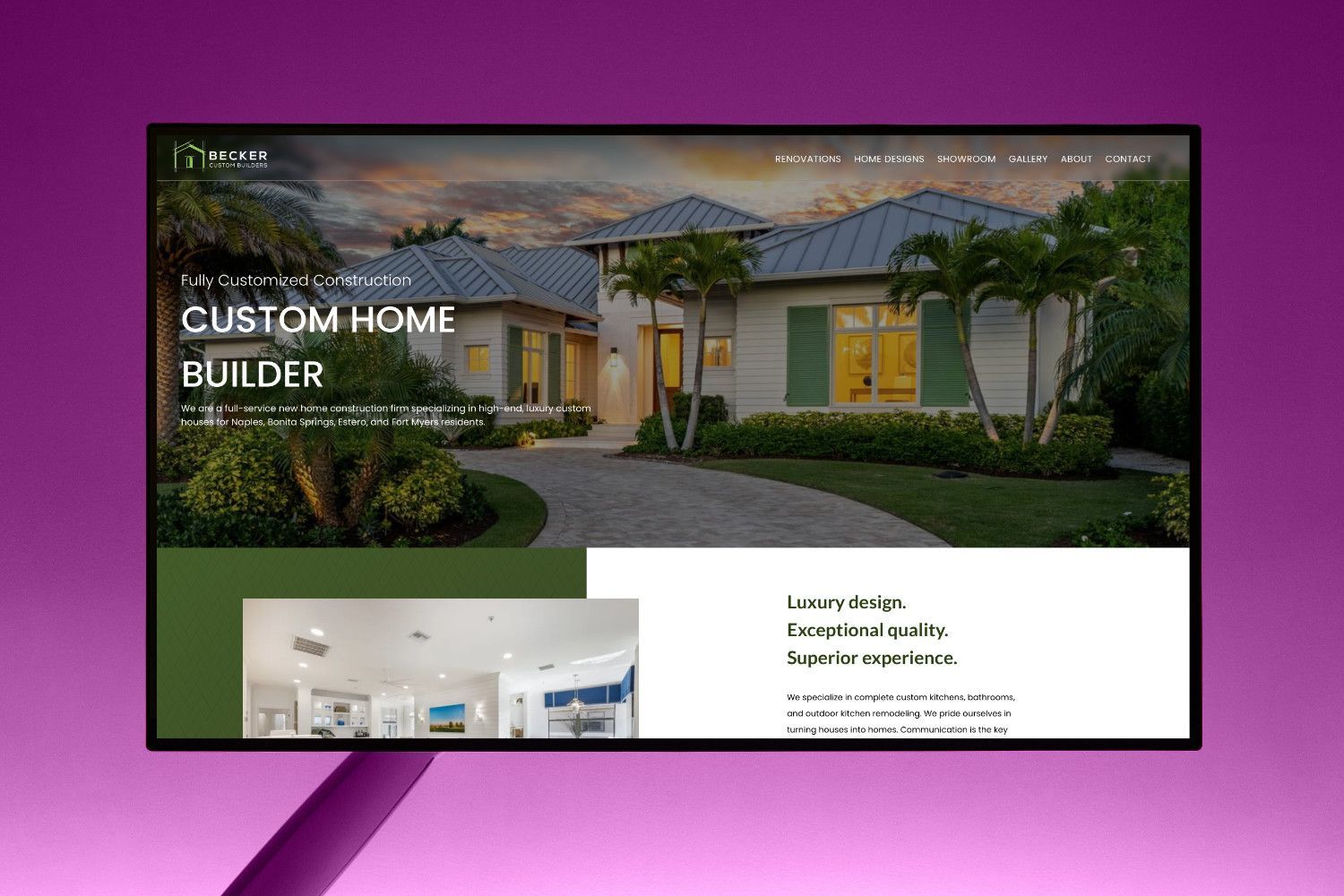 Custom home builder website homepage with a modern house and interior photos on a purple background