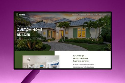 Custom home builder website homepage with a modern house and interior photos on a purple background