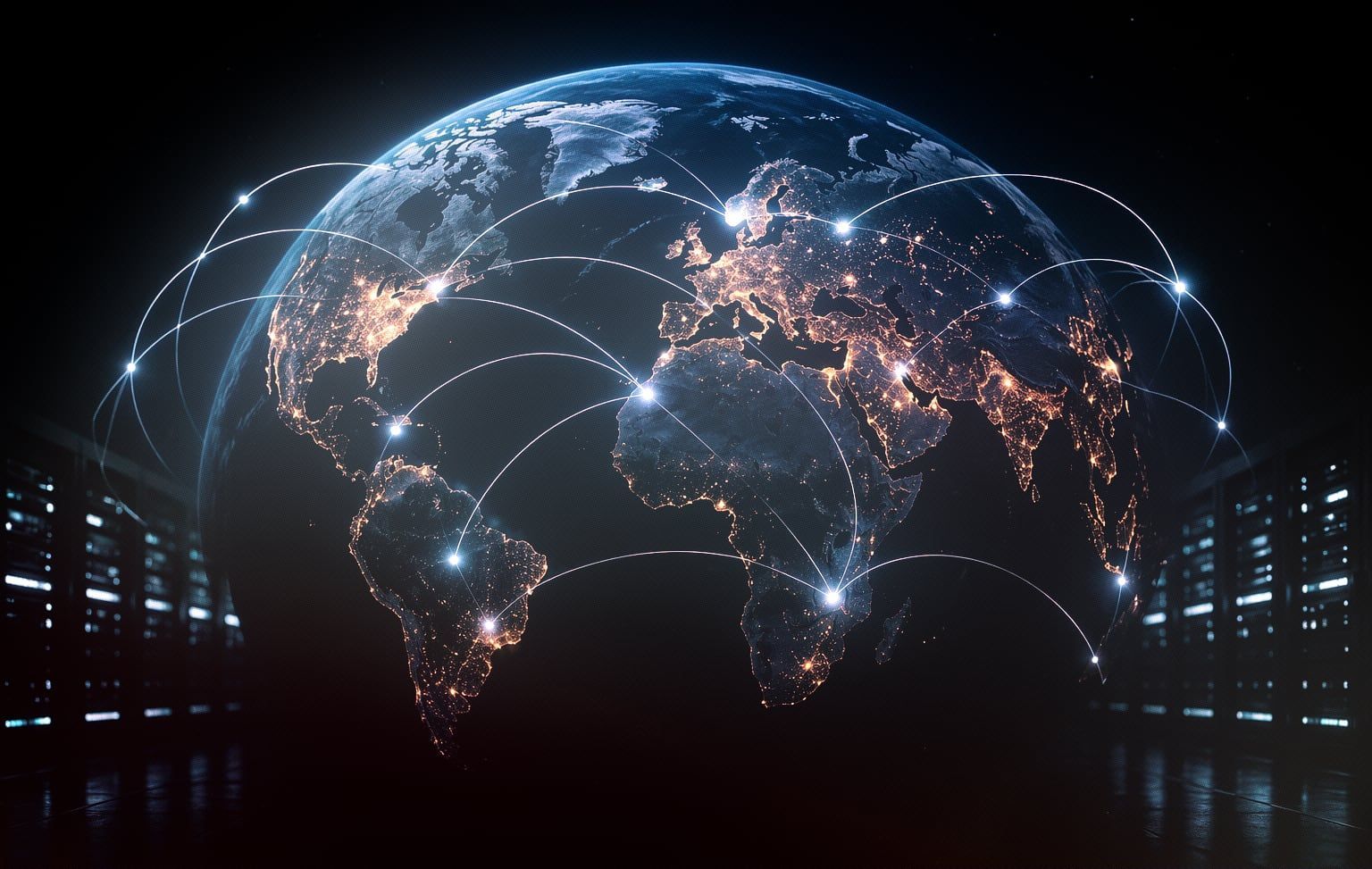 Glowing digital globe with network connections over a dark futuristic background