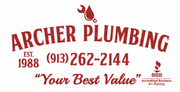 Archer Plumbing logo with wrench and drop icon, phone number, and BBB accreditation. Red lettering on white.