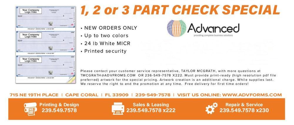 Ad with check special. Offers 1, 2, or 3 part checks. 