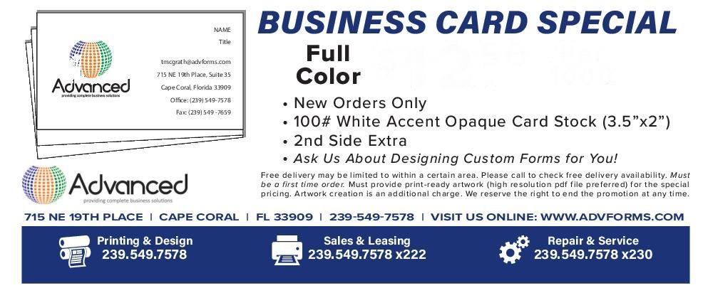 Business card special flyer.  Full color, new orders.  Includes card stock details, and contact information.