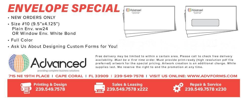 Advertisement for envelope specials. Featuring white envelopes, logo, and contact information.