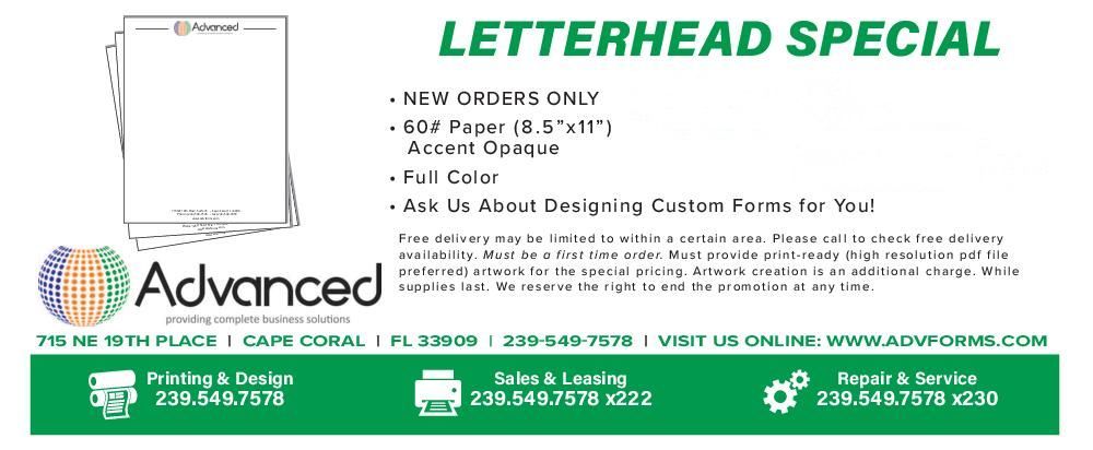 Ad for letterhead special. Features white paper, text, a logo, and contact information. Green and white color scheme.
