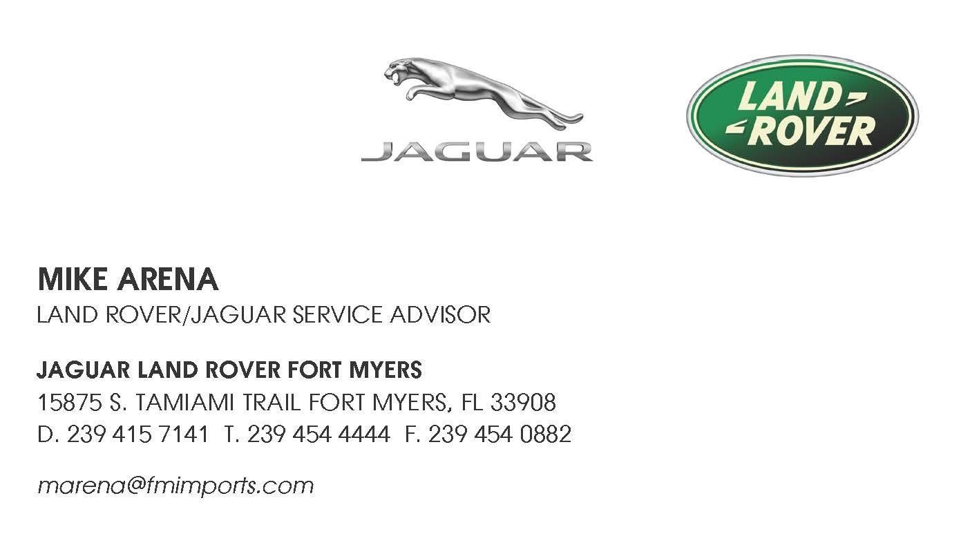 Business card for Mike Arena, Land Rover/Jaguar service advisor, with logos and contact information.
