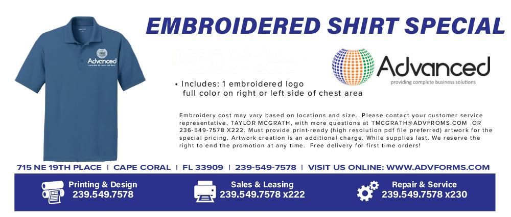 Blue polo shirt with logo, ad for embroidered shirts, Advanced Business Systems, Cape Coral, FL.