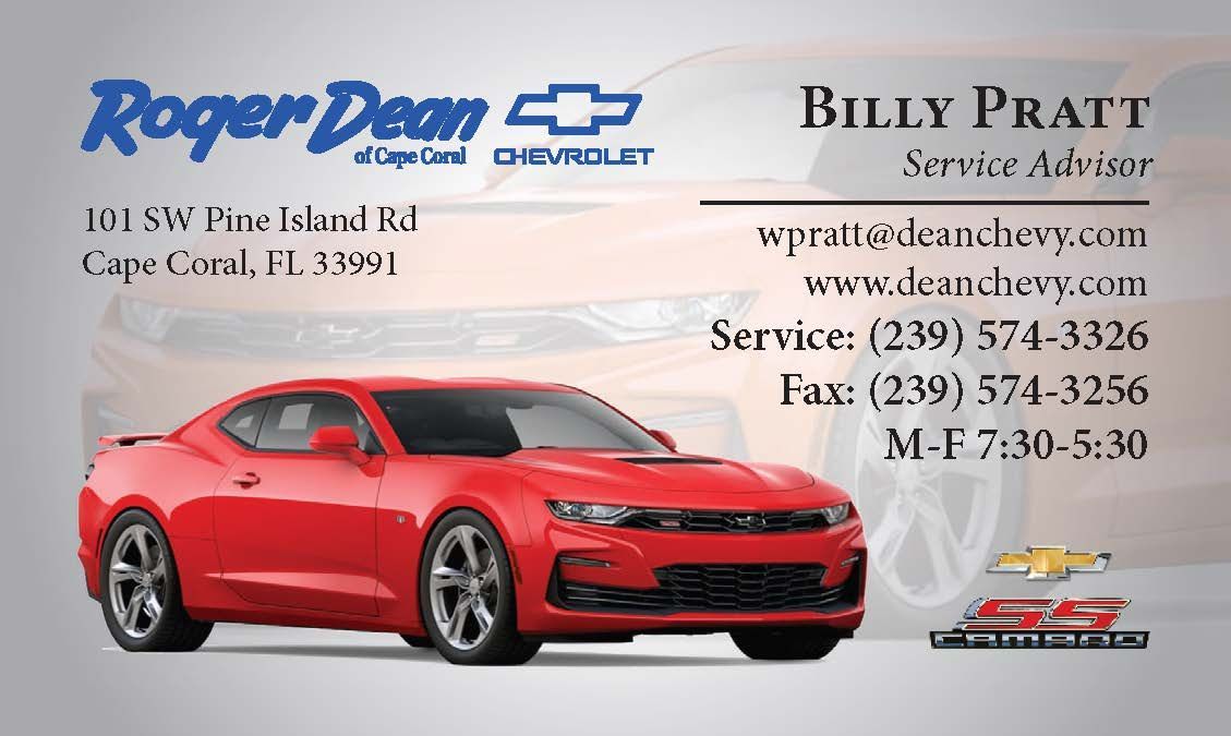 Business card for Billy Pratt, service advisor at Roger Dean Chevrolet. Red Camaro car graphic.