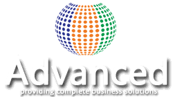 Logo for Advanced: globe made of dots, blue, orange, and green, with the word 