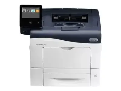 Xerox printer, white and dark gray, with color touchscreen on the side, office setting.