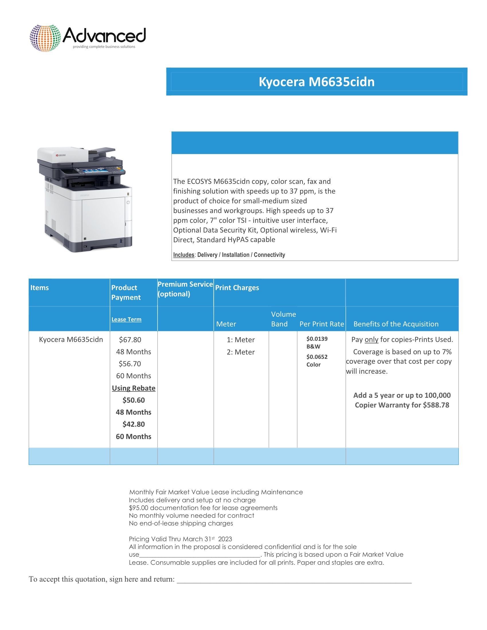 A document from Advanced, detailing a copier with usage information, including a table of features.