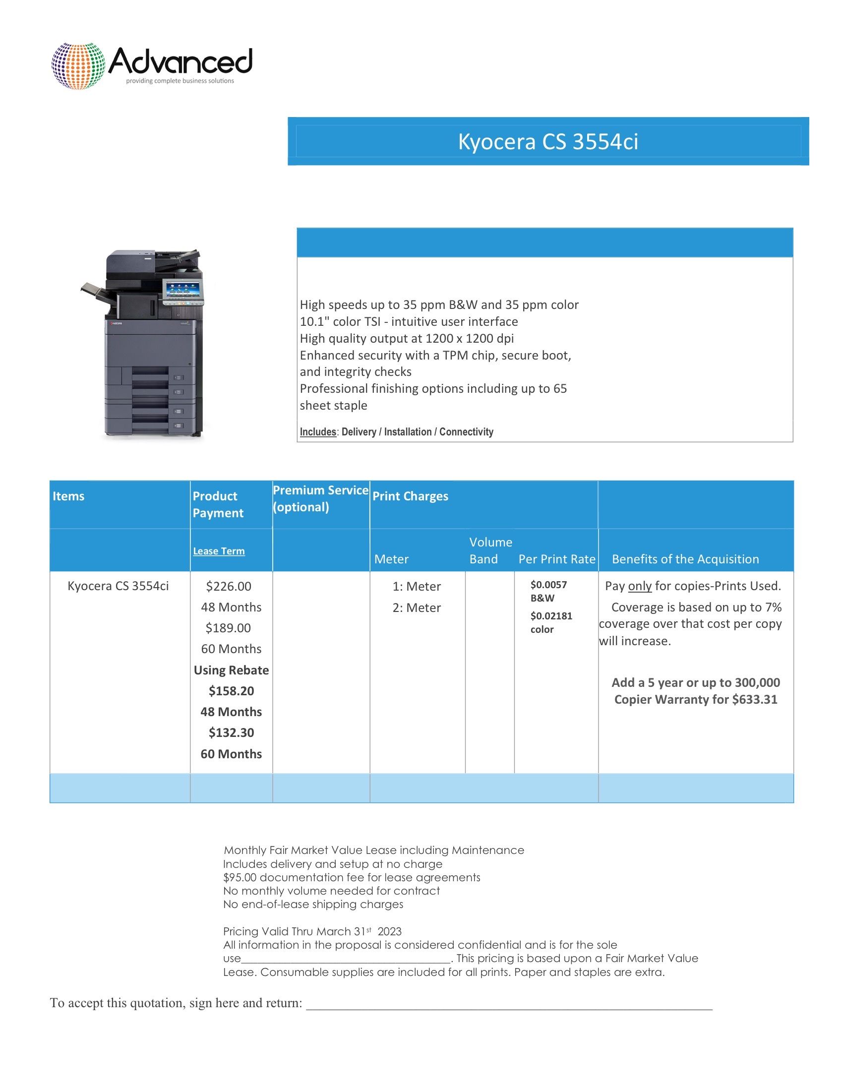 Flyer for Advanced Solutions showing a multi-function printer