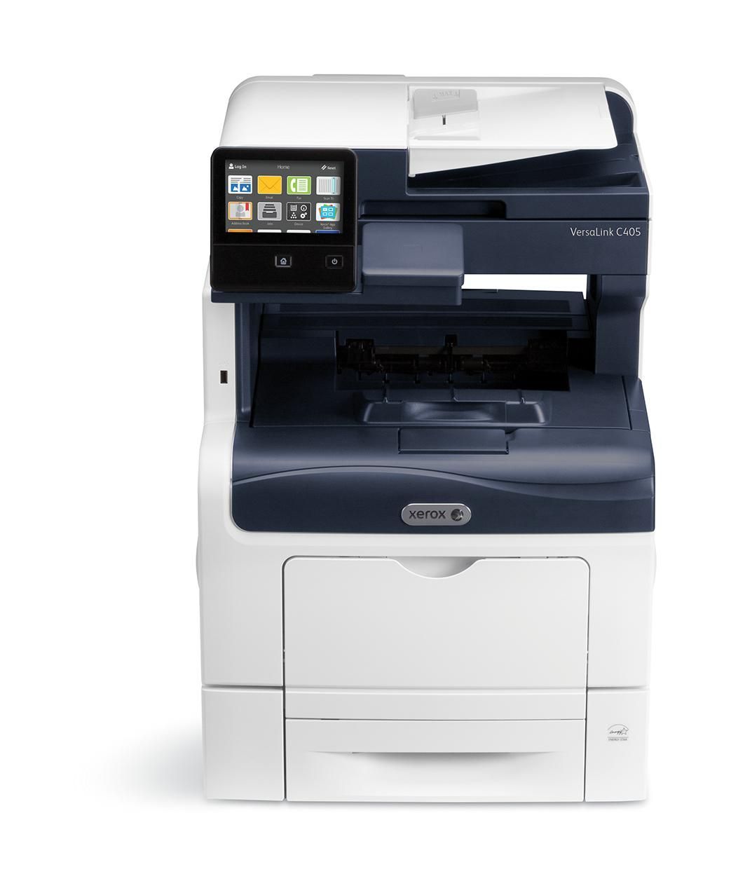 Xerox multifunction printer with a touchscreen display. White and navy design.