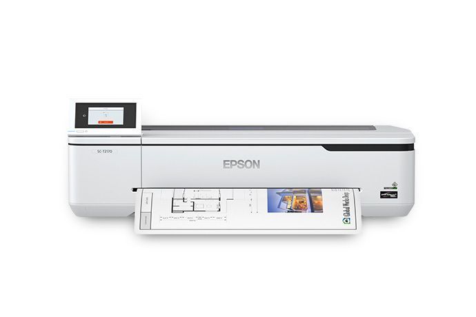 White Epson printer printing a color page, with a small display on the top left.