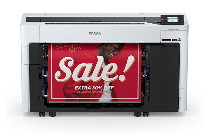 Epson printer printing a red “Sale!” banner with “Extra 30% off” text