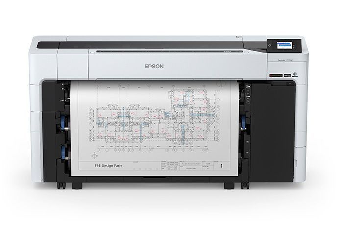 Epson large-format printer printing a technical blueprint on paper