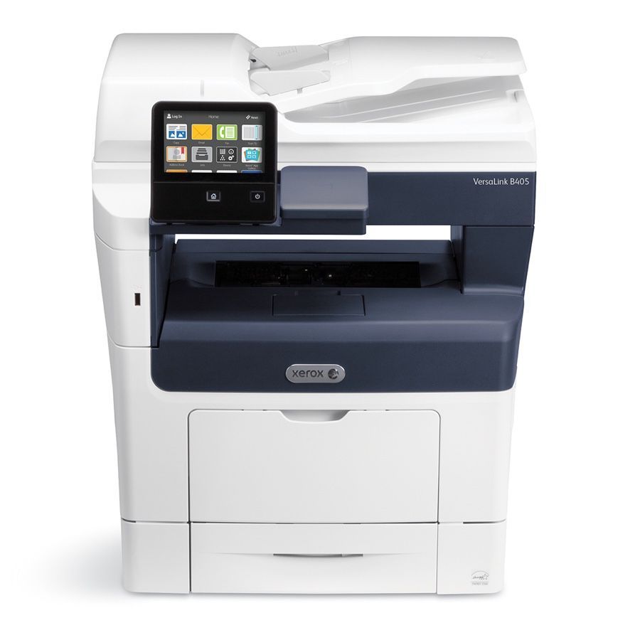White and navy Xerox VersaLink B405 multi-function printer with a touchscreen control panel.