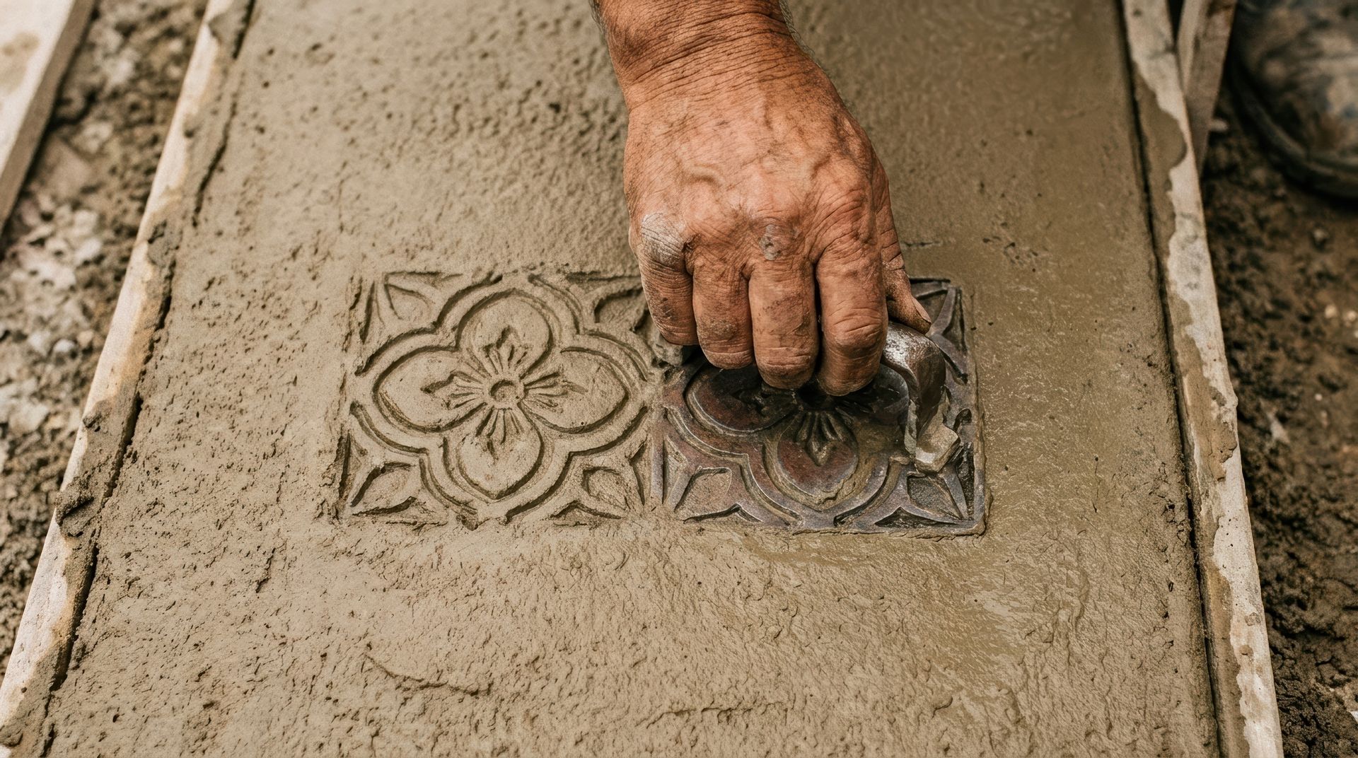Hand smoothing wet cement in a sidewalk panel with a decorative tile pattern